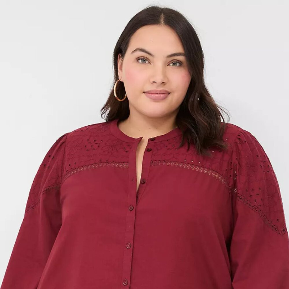 Plus Size Burgundy Button-Front Eyelet Yoke Top